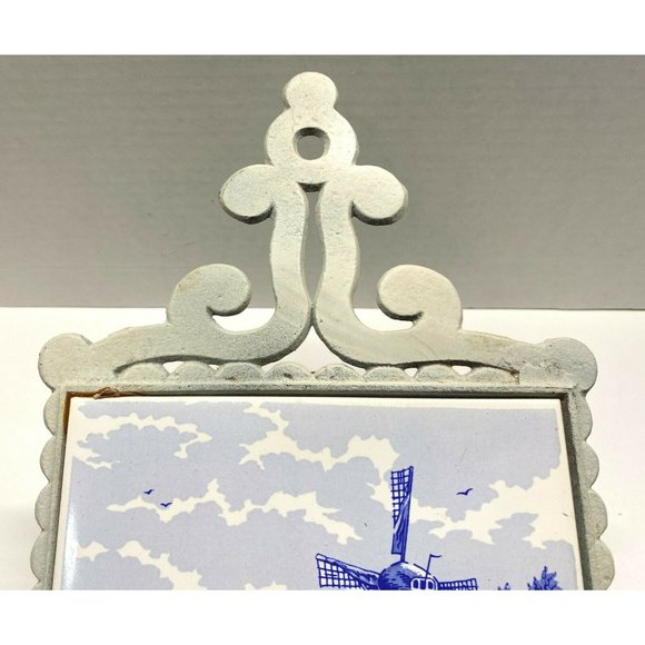 Vintage Dutch Windmill Trivet Countryside Boats Blue White Tile Made in Japan - Picture 8 of 12